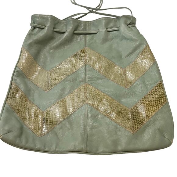 Vintage 1980's Leather Tote Shoulder Bag Green Gold Chevron - Picture 4 of 13